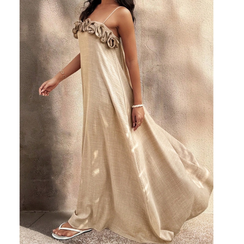 Boho Khaki Floral Applique Cami Flowy Maxi Dress